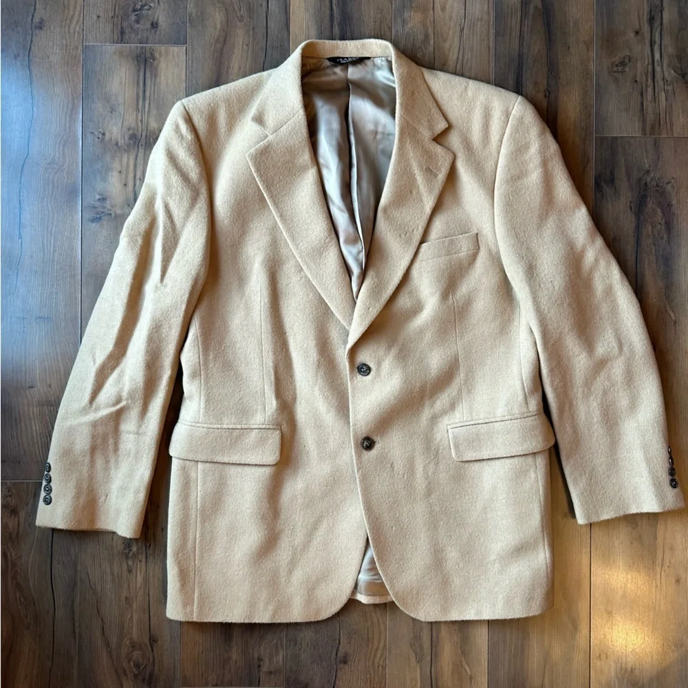 VTG Jos A Bank Camel Hair Coat Mens 43R Tan Wool Overcoat Classic Flawed